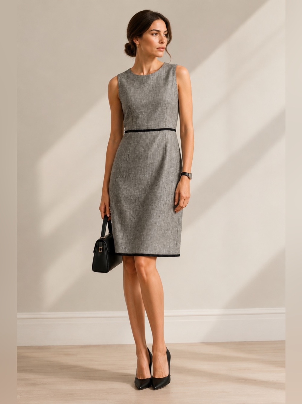 Ronen Chen Linen Blend Metallic Sheath Dress Minimalist Grey Black Size 4